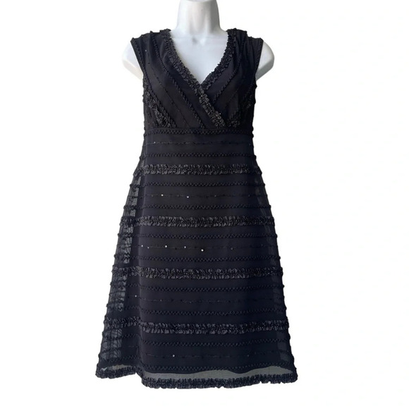 Vtg TADASHI Dress Women 4 Black Mesh Ribbon Metallic Striped V-neck Cap Sleeves - Picture 1 of 4
